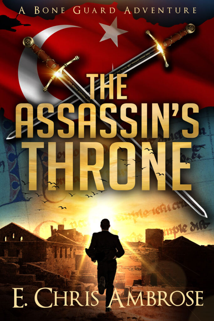 cover image for adventure novel The Assassin's Throne shows the flag of Turkey with a crusader sword over an ruined church